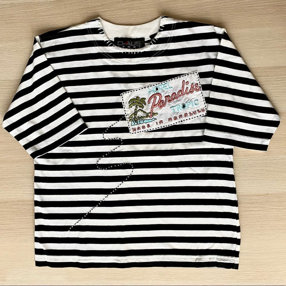 Vintage 80s 90s Chaus Sport Striped Embroidered Short Sleeve T-Shirt, Size M